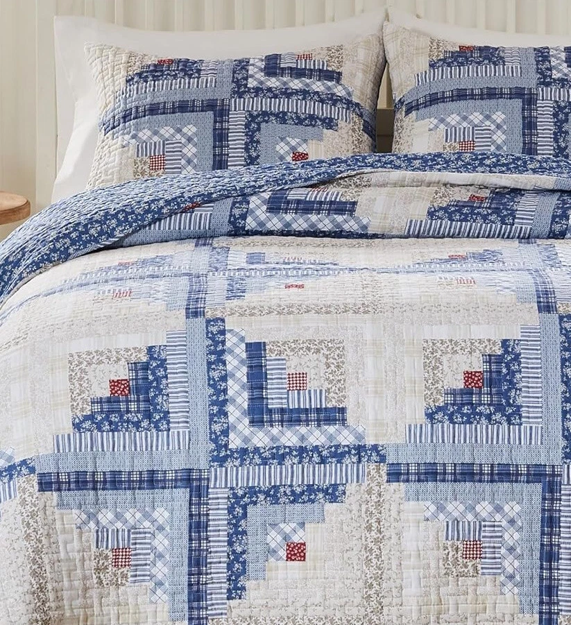 FARMHOUSE LOG CABIN BLUE 3pc King / Cal QUILT SET : COZY COTTAGE FLOWERS PLAID - Image 3 of 4