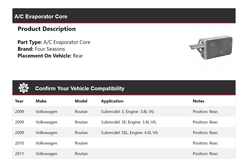 Núcleo evaporador trasero Volkswagen Routan 2009-2011 4 estaciones 2010 Foto 2 de 4