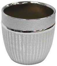 13cm Tall Gloss Ceramic Plant Pot, 1L Shiny Silver Ribbed Indoor/Outdoor Planter