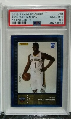 2019 Panini Stickers Zion Williamson BLUE 038/299 81 Rookie RC PSA 8.5 NM-MT+