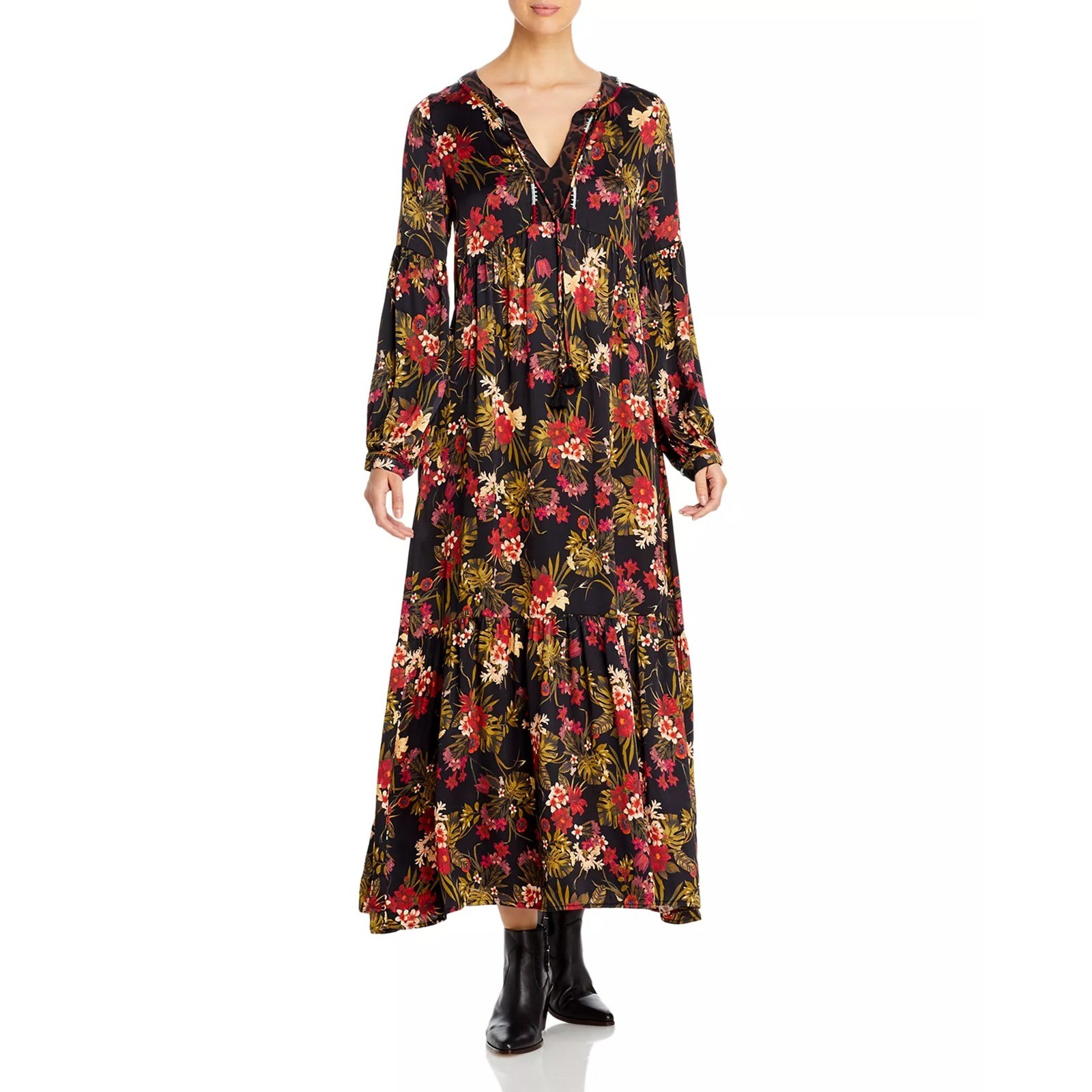 Johnny Was Workshop Womens L Floral Leopard Print Maxi Dress Black Tassel *Read*