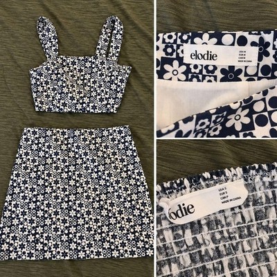 Elodie Navy White Retro Mod Daisy Print 2-Piece Skirt Set M/S