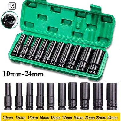 10Pcs Metric Deep Impact Socket 1/2'' Drive 10mm-24mm 6 Point Sockets kit w/ case