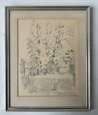 Bleistift Zeichnung Dorfstraße mit Häusern Mai 1947 Dänemark mit Bilderrahmen