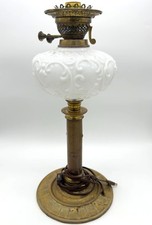 Victorian-Style Converted Electric Table Lamp w/Embossed Milk Glass Font & Brass