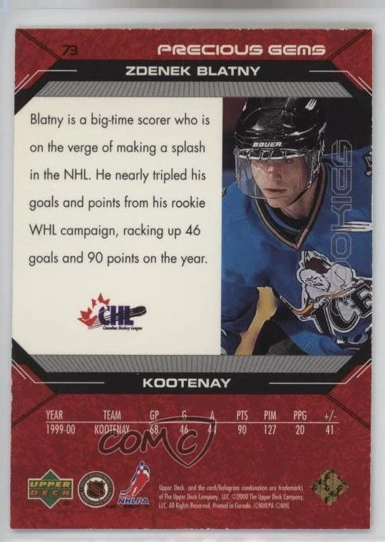 2000-01 Upper Deck Black Diamond Precious Gems /1999 Zdenek Blatny #73 Rookie RC - Image 2 of 2