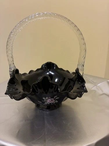 Vintage Fenton Art Glass Black Basket Hand Painted. Marked And Signed.