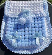 Beautiful Thick Pom Pom Blanket Pram Size baby blue/white