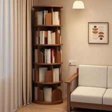 360  Rotating 5-Tier Bookshelf Spinning Display Space-Saving Walnut