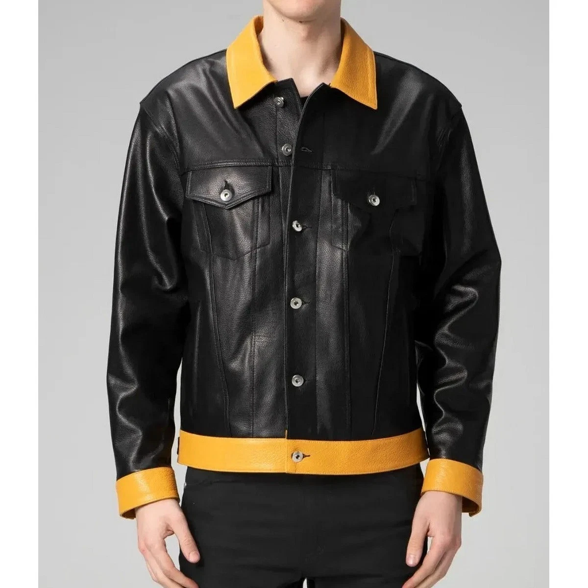Men's Black and Yellow Denim Trucker Lambskin Leather Jacket denim Western Style
Opens in a new wind