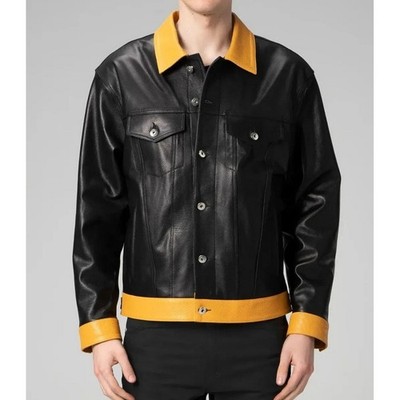 Men's Black and Yellow Denim Trucker Lambskin Leather Jacket Denim Western Style
