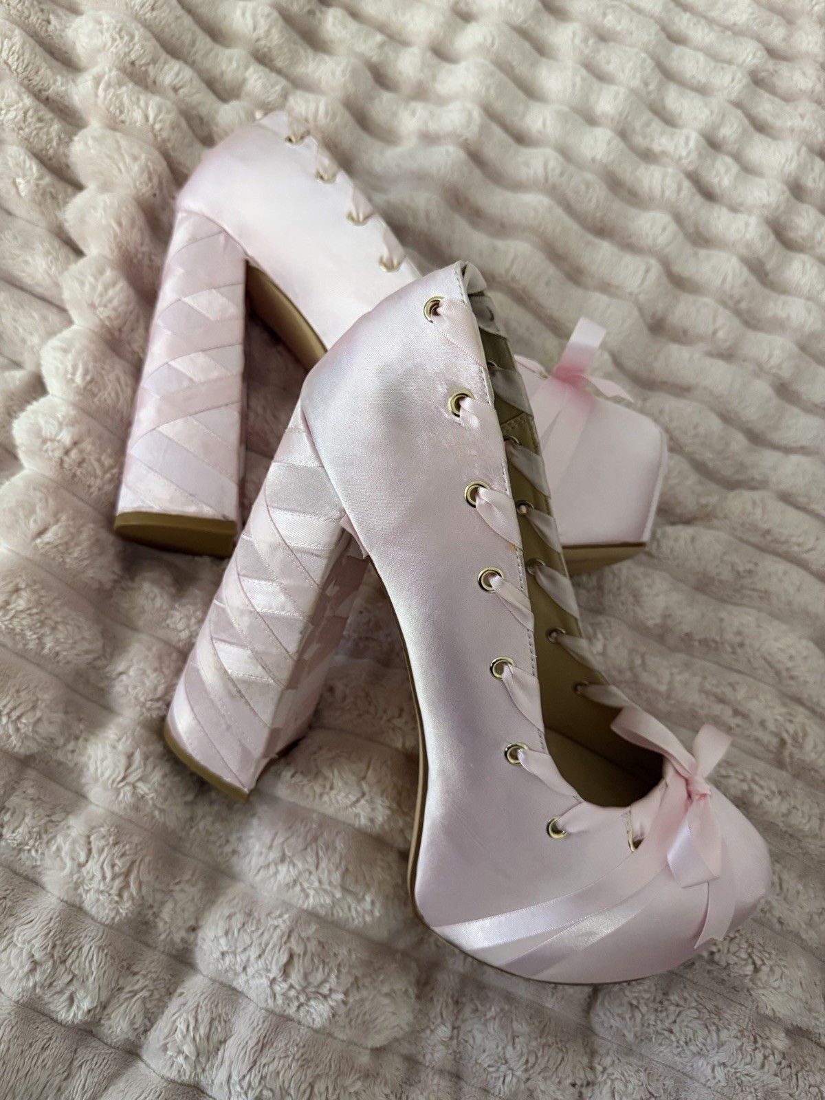 Pink Satin Lace Up Ribbon Accent Block Heel Pumps Round Toe Party Shoes Women