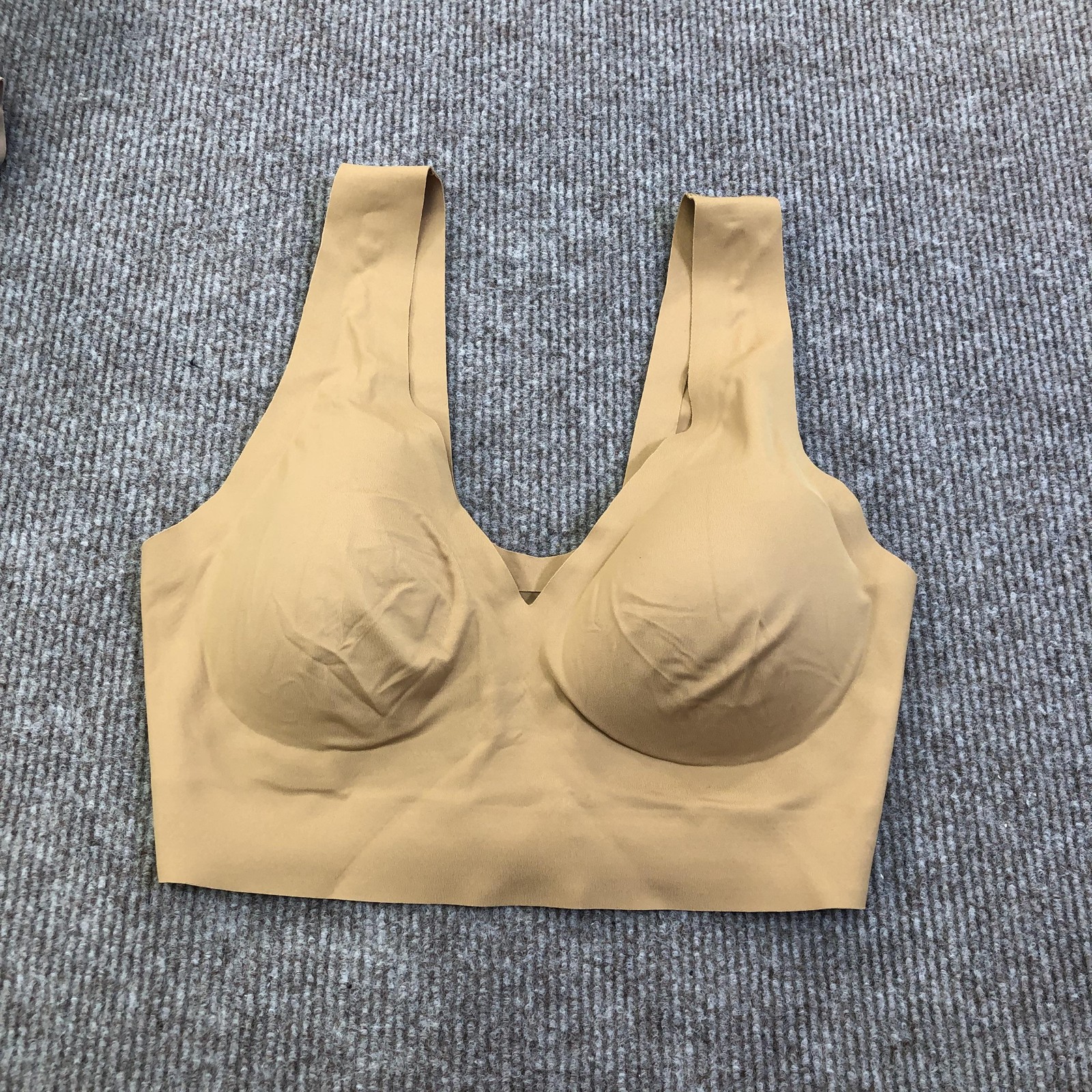 Bra Bralette Womens M Beige Seamless Wireless Molded V Neck Wide Strap Stretch-image