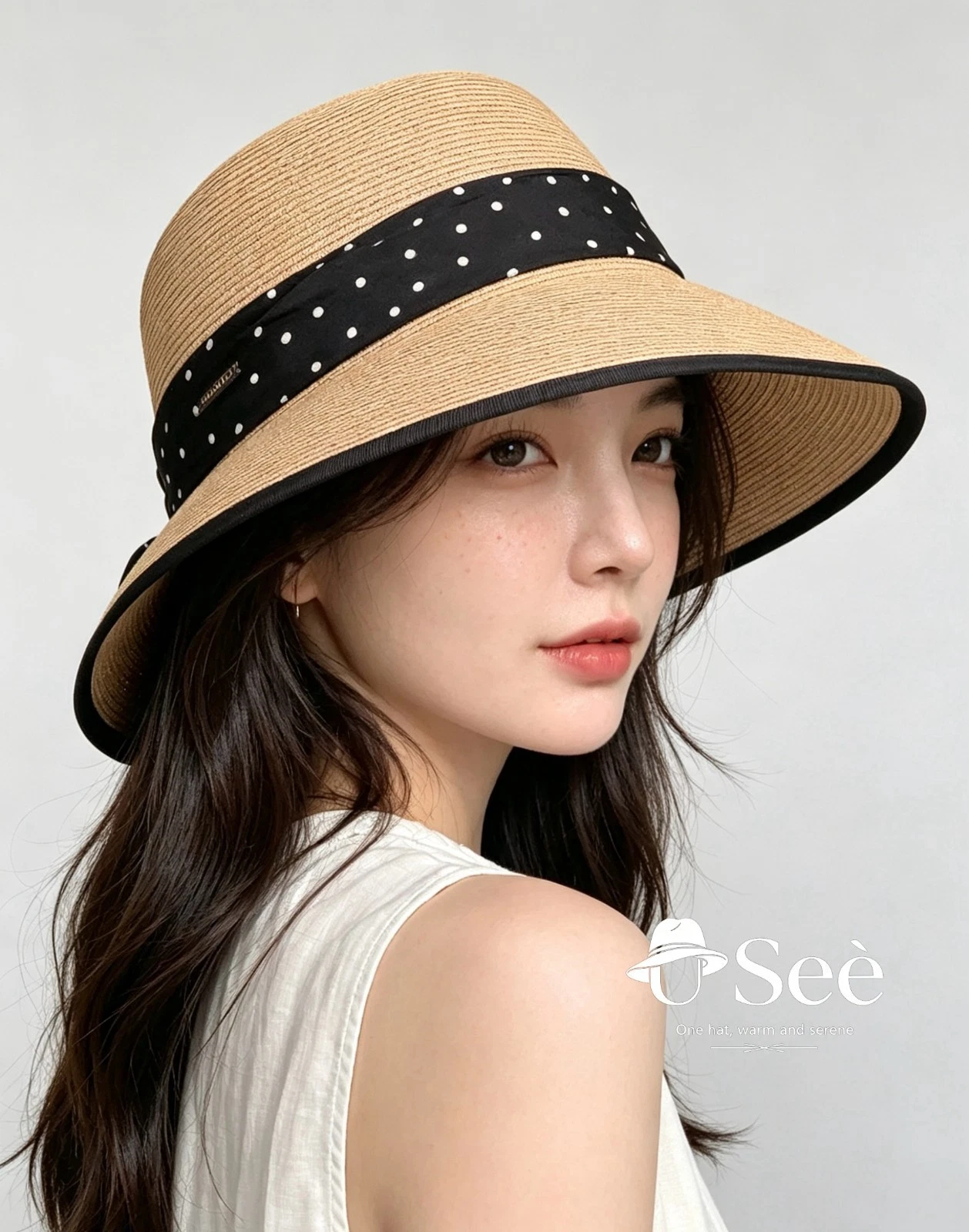 Women Natural Straw Bucket Hat Wide Brim Black Bowknot Band UV Protection Summer
