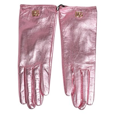 DOLCE & GABBANA Gloves Pink Leather DG Logo Wrist Length Mitten 6.5 / XS 640usd