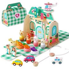 37Pcs Wooden Pet Doctor Kit for Toddlers 3-5 with Handbag, Veterinarian Plays...