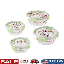 Round Glass Food Storage Containers Set 4 Airtight Tritan Lids Stackable New