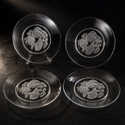 Val St Lambert Plates Brussels Crystal Salad Set 4 Signed 8  Intaglio Fruits