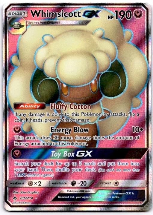Whimsicott GX 206/214 Ultra Rare Unbroken Bonds Pokemon Holo Heavily Played