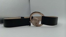 Women Black Wide Synthetic Leather Special Fashion Belt Big Gold Round Buckle M