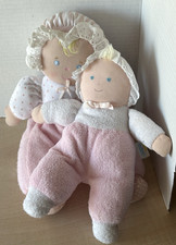 Vtg Eden Pink White Doll LOT of 2 Terry Cloth Blue Eyes Bonnet Soft Plush Toy