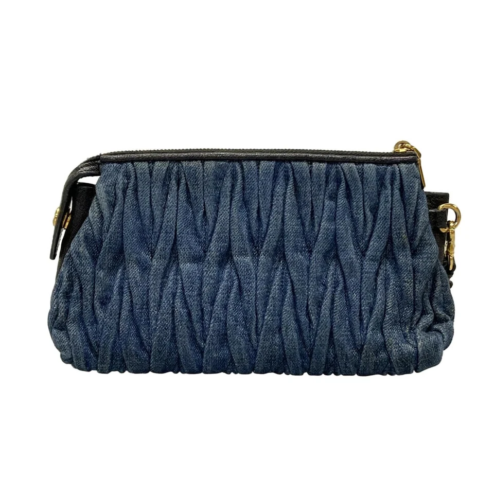 Auth miumiu Matelasse Navy Denim Leather Pouch - Image 3 of 4