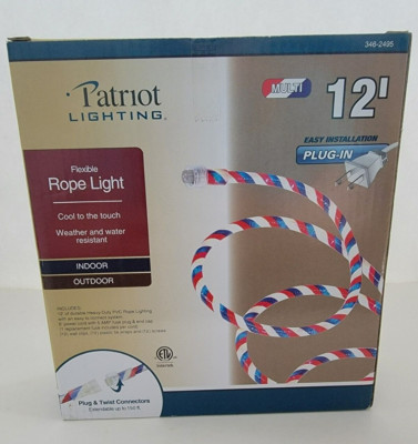 NEW~PARTRIOT LIGHTING 12' Rope Light Red White Blue Indoor Outdoor Patriotic US
