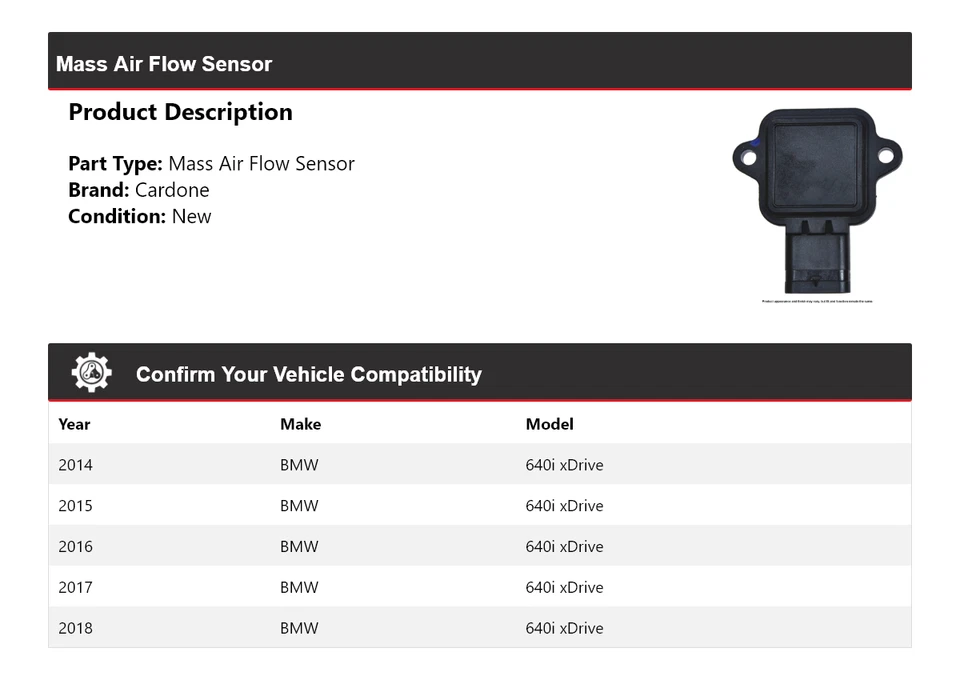 Sensor de fluxo de ar em massa Cardone 2015 2016 2017 para 2014-2018 BMW 640i xDrive - Imagem 2 de 4
