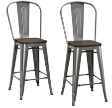 Counter Stool with Wood Seat and Backrest, 24", Antique Gun Metal