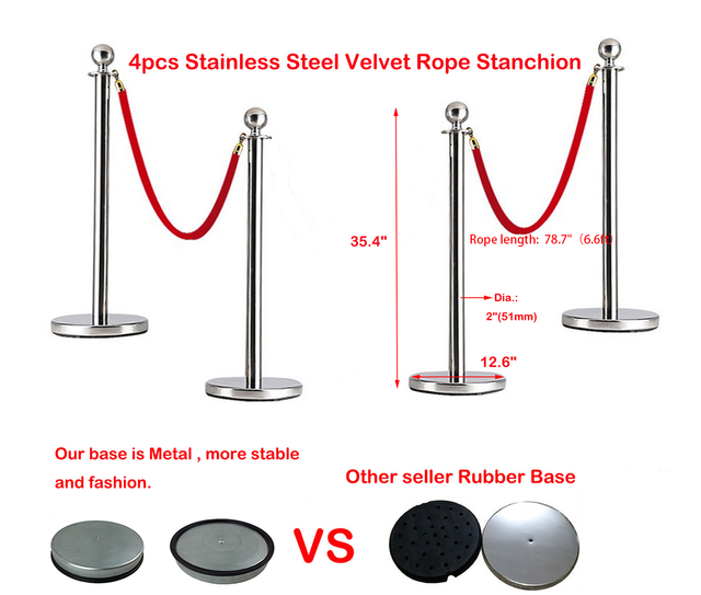 4pcs Thick Stainless Steel Velvet Rope Stanchion Pole Post Crowd 78.7