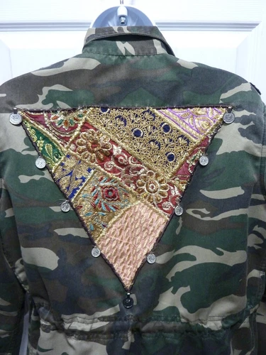 ANTHROPOLOGIE  Camo Jacket, Beautiful Stories Embroidered Tapestry, Coins   L