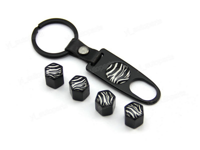 Black Tire Stem Air Dust Valve Caps Wrench Key Chain Water Ripple Zebra Stripe