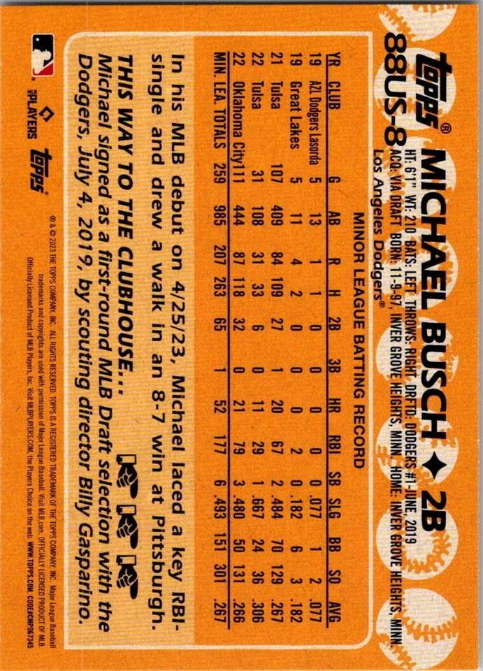 2023 Topps Update #88US-8 MICHAEL BUSCH RC 1988 Retro DODGERS - Image 2 of 2