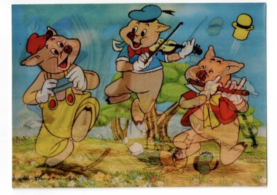 Vintage Disney Three Little Pigs Lenticular Postcard Silly Symphony Big Bad Wolf