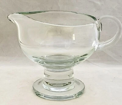 Heavy Blown Glass Clear Pedestal Sauce Pitcher Large FOOTED GRAVY BOAT - Image 1 of 4