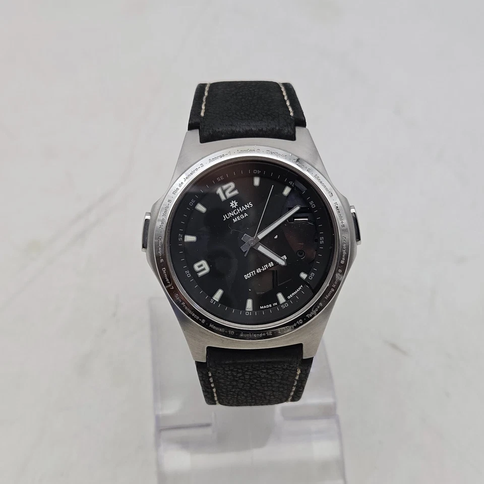 Junghans Mega Wrist Watch Radio Controlled Stainless Steel Leather World Time - Image 3 of 4