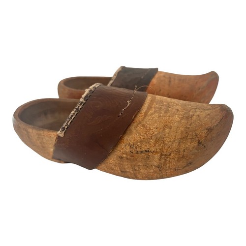 Antique Dutch Hand Carved Wooden Clogs Leather - Picture 11 of 22