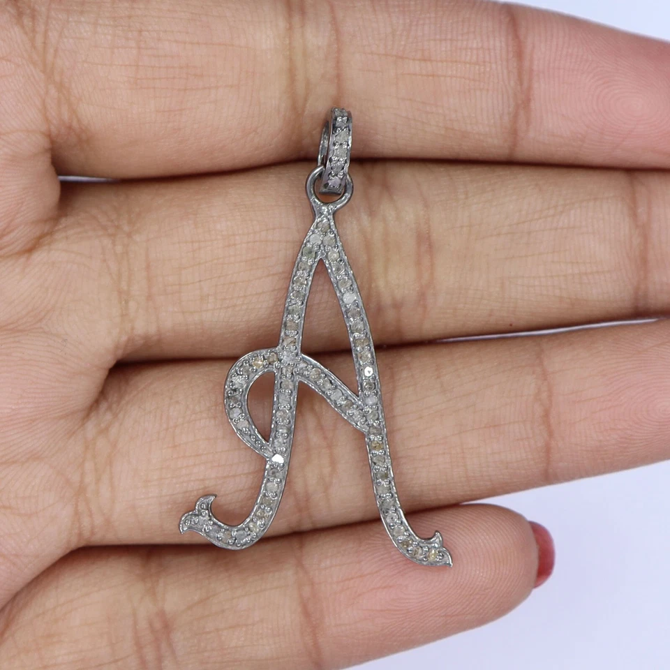 Letter A Natural Diamond pendant 925 Sterling Silver Handmade Pendant Jewelry - Image 4 of 4