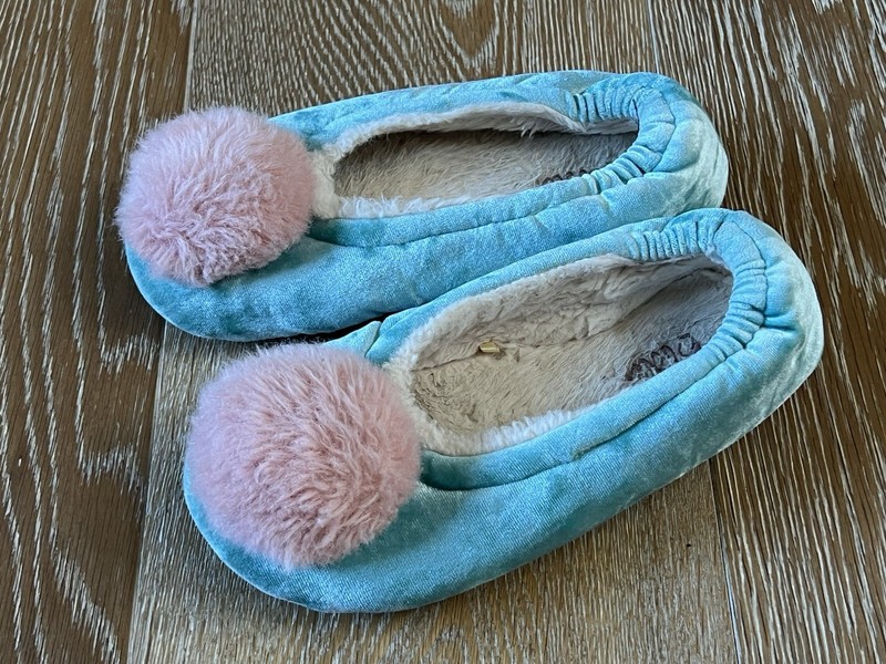 Mini Boden Girls Turquoise/Pink Pom Pom Slippers Size 1 