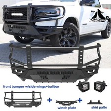 Front Bumper For 2019-2024 Ram 1500 Pickup+LED Pod Lights+Skid Plate+Winch Plate