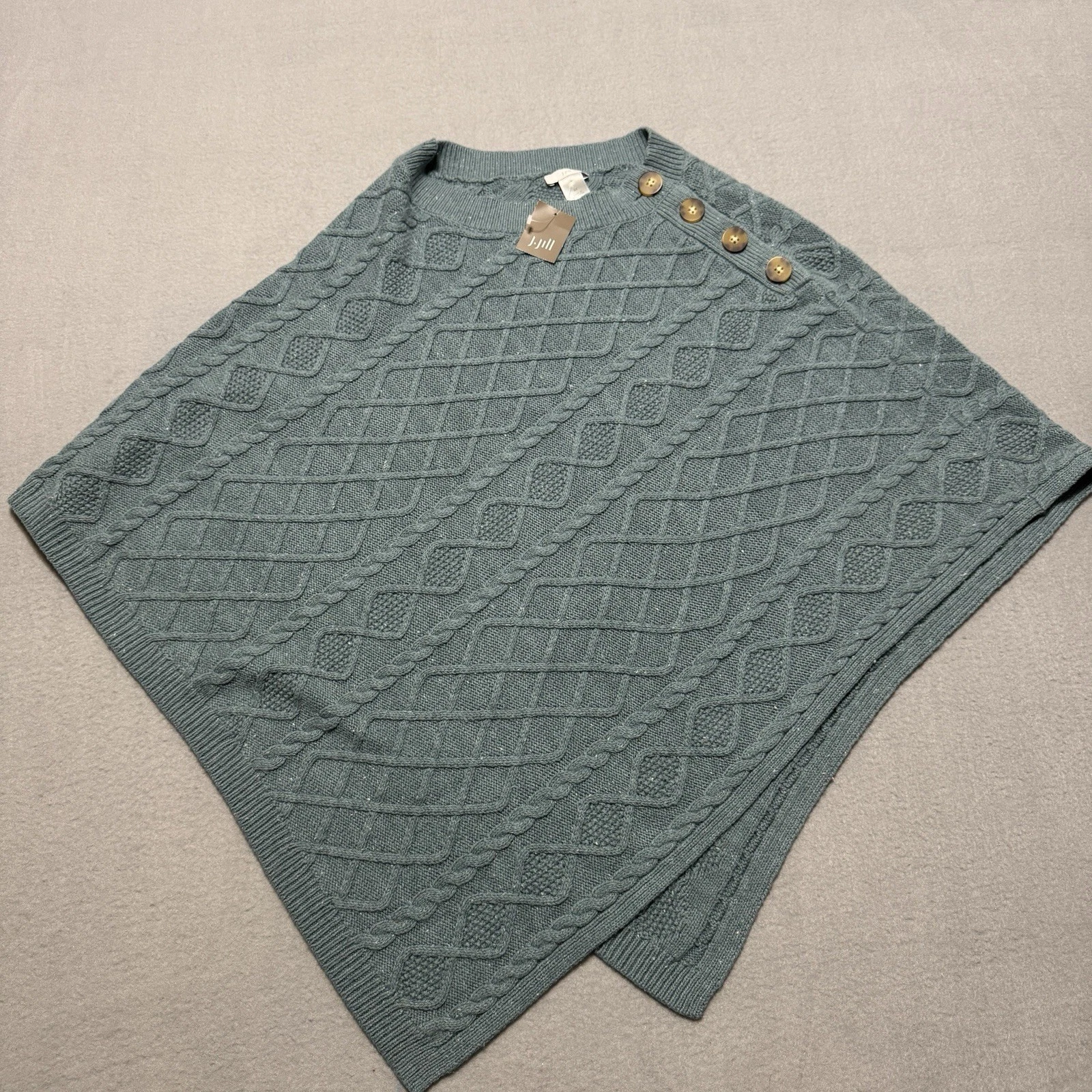 J.Jill Cable Knit Button Shoulder Poncho Blue Teal Cape Sweater Cottagecore NWT