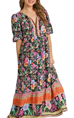 Umgee Vibrant Pink & Orange Floral Tiered Maxi Dress, Size Sm Boho Chic   Rayon
