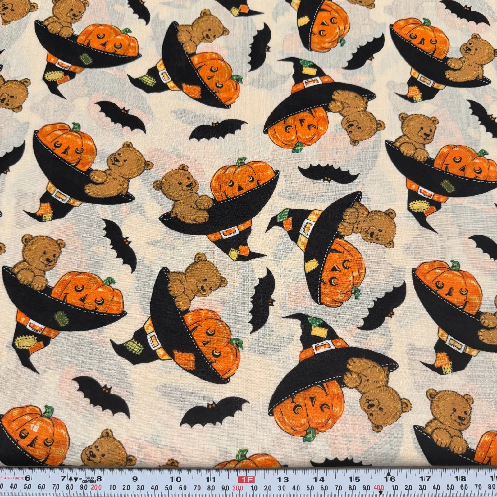 Vintage Halloween Bears Pumpkins Hats Bats Cream Cotton Blend by the HALF YARD