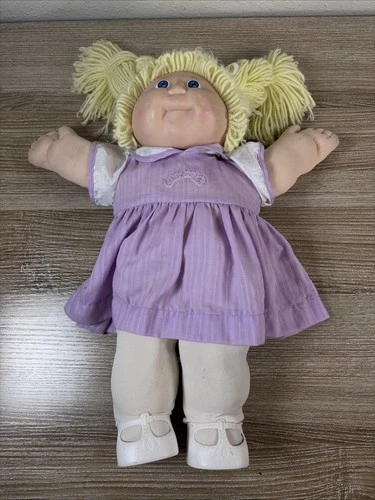 1979 Cabbage Patch Kid Blonde Hair Blue Eyes Purple Dress White Tights And Shoes