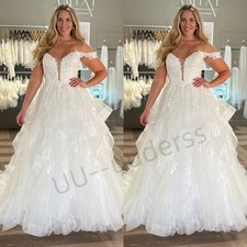 Wedding Dresses V Neck Off Shoulder Lace Appliques Puffy Ruffles Bridal Gowns