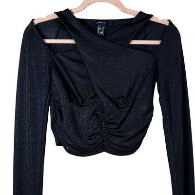 Forever 21 Womens Black Crossover Cold Shoulder Ruched Crop Top M Gothic Edgy