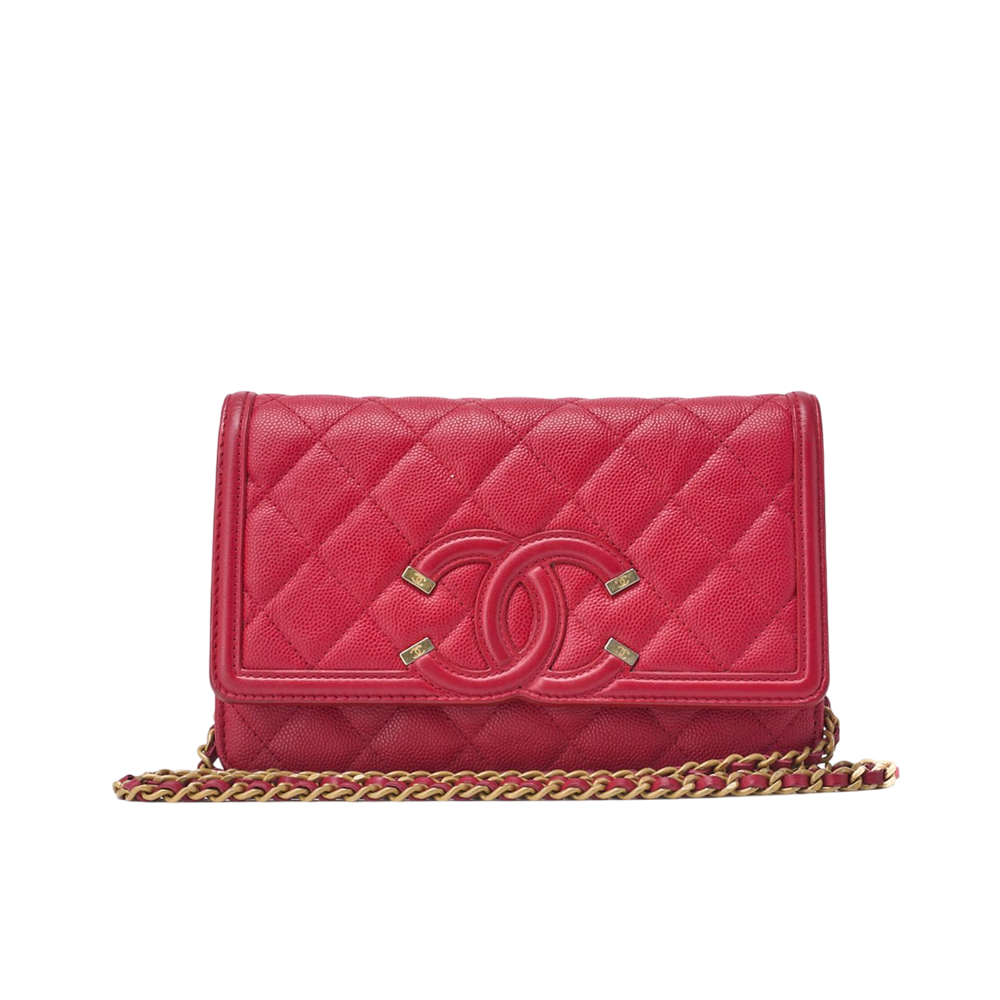 Chanel Shoulder Bag Chain Wallet Matelasse Caviar Skin CC Filigree Red Gold-image