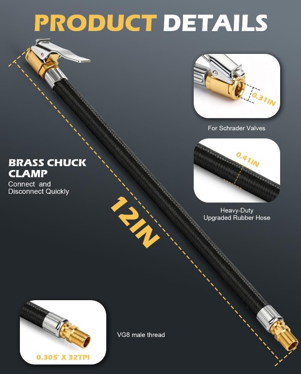 Upgraded 12" Tire Inflator Hose Adapter with Brass Locking Quick Chuck, High Pre