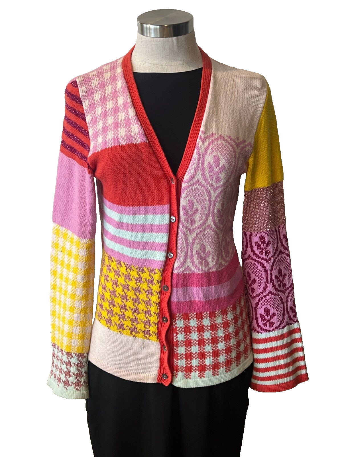 JOHN MACARTHUR for PURL HARBOUR Pink Multi-Pattern Handknit Cotton Cardigan S-M image 9