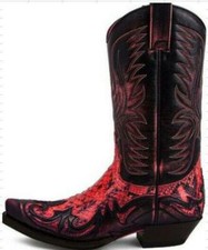 Mens Retro Embroidered Mid Calf Boots Western Cowboy Color Matching Shoes New